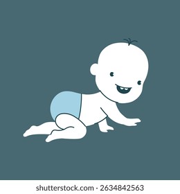 Minimalistic image of a cheerful, happy baby in a diaper crawling on all fours. Early Development.