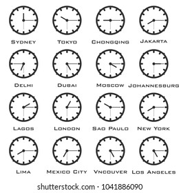A minimalistic image of the clock with the time difference of the world capitals. Vector.