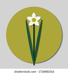 Minimalistic image of a daffodil on a yellow circle background. Logo or pattern element. Illustration of a flower made from simple shapes. Sticker or fragment of a greeting card. EPS 10
