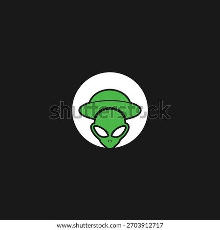 A minimalistic image depicting a green alien head wearing a classic flying saucer, set against a black background. The image evokes a sense of science fiction, mystery, and the unknown.