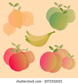 Minimalistic image of fruits: apple, peach, lemon, banana.