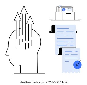 A minimalistic image shows a head with upward arrows symbolizing cognitive growth, a CV storage box, and a long document with a checkmark. Ideal for education, career development, job hunting