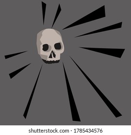 A minimalistic image of a skull on a grey background with black rays