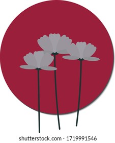 Minimalistic image of spring white flowers on a background of a red-pink circle. Simple beautiful plants consisting of figures. Decorative element, sticker or background for presentation, website or p