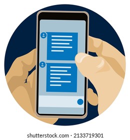 Imagen minimalista de dos manos sosteniendo un smartphone con mensajes abiertos en un fondo azul oscuro