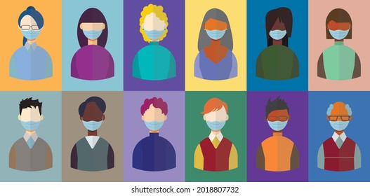 Minimalistic images of people in blue medical masks, woman and man face icon, set of 12 images of different skin colors