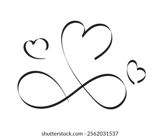 Minimalistic infinity symbol with hearts, elegant black lines, romantic design.