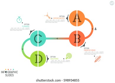 Minimalistic infographic design layout. Four round lettered elements connected by curved line. 4 steps of art product creation concept. Vector illustration for presentation, report, banner, website.