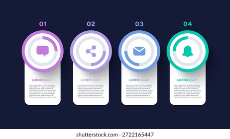 Plantilla infográfica minimalista con procesos de 4 pasos. Infografía circular de negocios y marketing con iconos y espacio para datos.