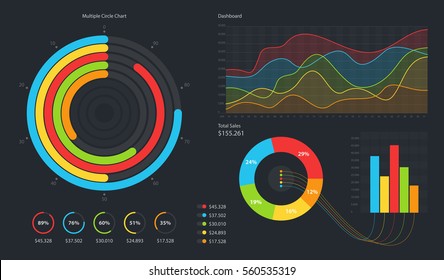 Minimalistic infographic template with flat design daily statistics graphs, dashboard, pie charts, multiple circle template with options for diagram, workflow, web design, UI elements. Vector EPS 10