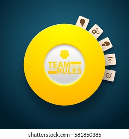 Minimalistic infographic template with orange circle and icons stickers on dark background isolated vector illustration