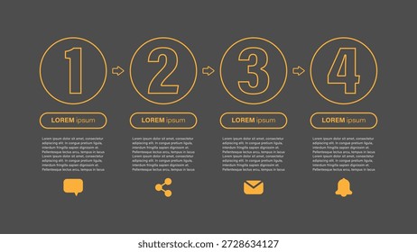 Plantilla minimalista de infografía con delgadas líneas amarillas. Diseño moderno de infografía de proceso de cuatro pasos