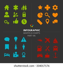 Minimalistic Infographic Vector icon collection - flat design style, part 8 of my infographic bundle, dark version
