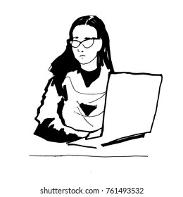 Minimalistic ink monochrome drawing abstract girl in glasses with laptop at work business people illustration. Simplified image man at work office worker. Hired employee IT sphere flat illustration 