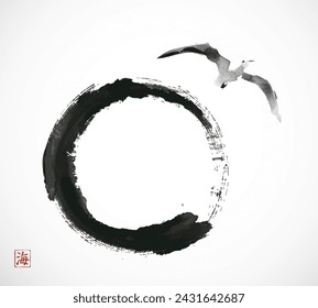 Minimalistic ink painting, displaying seagull in flight and  black enso zen circle. Traditional oriental ink painting sumi-e, u-sin, go-hua. Hieroglyph - sea.