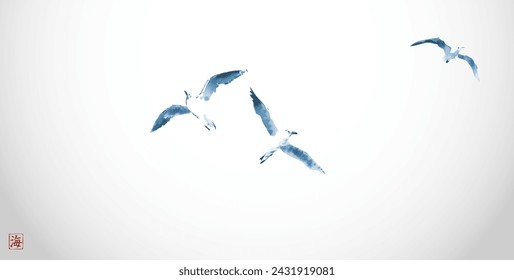 Pintura de tinta minimalista, que muestra gaviotas en vuelo en tonos azules. Tinta oriental tradicional que pinta sumi-e, u-sin, go-hua sobre fondo blanco. Jeroglífico - mar.