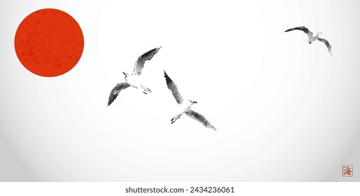 Minimalistic ink painting, displaying seagulls in flight with big sun and big red sun. Traditional oriental ink painting sumi-e, u-sin, go-hua. Hieroglyph - sea.