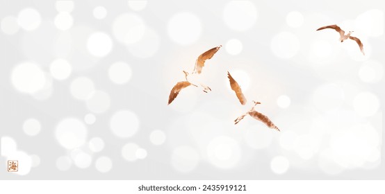 Minimalistic ink painting, displaying seagulls in flight on white shimmering background. Traditional oriental ink painting sumi-e, u-sin, go-hua. Hieroglyph - sea.