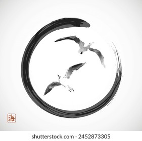 Minimalistic ink painting, displaying seagulls in flight in black enso zen circle. Traditional oriental ink painting sumi-e, u-sin, go-hua. Hieroglyph - sea.