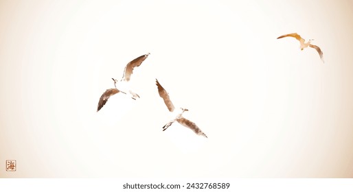 Minimalistic ink painting, displaying a trio of seagulls in flight. Traditional oriental ink painting sumi-e, u-sin, go-hua in vintage style. Hieroglyph - sea.