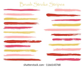 Minimalistic ink red brush stroke stripes vector set, horizontal marker or paintbrush lines patch. Hand drawn watercolor paint brushes, smudge strokes collection. Interior colors guide book elements.