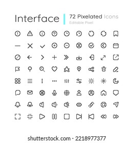 Minimalistic interface editable pixel ui icons set. Simple looking navigation. Outline 8bit graphic elements collection. Isolated retro vector images for web, mobile app. Montserrat Light font used