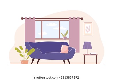 Minimalistic interior concept. Apartment with sofa, table and plants. Only important and necessary furniture. Modern home, room or house. Comfort and coziness. Cartoon flat vector illustration