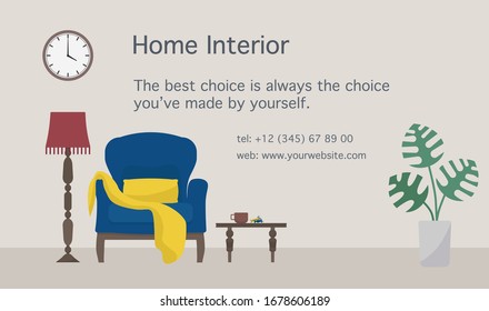 Minimalistic interior design with vintage furniture: armchair, coffee table and lamp, with green plant. Space for text. Flat style vector illustration.