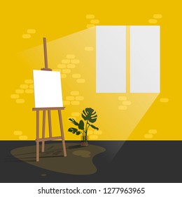 Minimalistic interior with easel for painter and green flower. Art space with bright yellow  walls and with light from window.