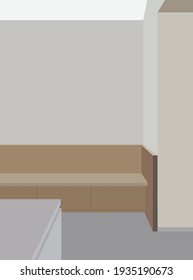 Minimalistic interior in soothing colors. Vector flat illustration. Sofa and table in the room. Design for postcards, posters, textiles, templates, backgrounds, design elements.