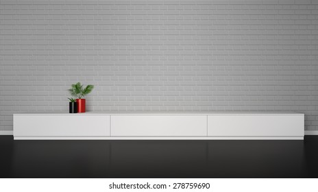 Minimalistic interior with  white cupboard table and plants in pot and brick wall vector illustration