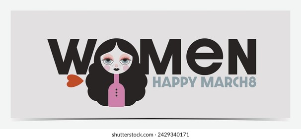 Minimalistic International Women's Day, March 8 cover, poster, greeting card, label, flyer, banner with WOMEN text decorated with woman's head