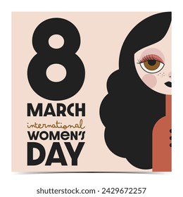 Minimalistic International Women's Day, March 8 cover, poster, greeting card, label with cute cartoon style dark hair woman wearing orange blouse