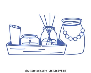Reboco isolado minimalista de uma bandeja decorativa do banheiro com difusor de aroma, tubo de creme, vela e vaso ou jarro. Vetor de contorno azul desenhado à mão, autocuidado acolhedor e tema de organização interior.