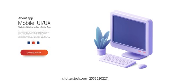 Minimalistic isometric illustration of a retro computer setup with a keyboard, monitor, mouse, and plant. Perfect for digital, technology, or workspace design themes with a modern, pastel aesthetic.