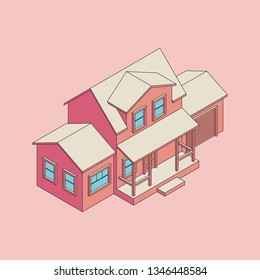 Minimalistic isometric vector illustration of the typical suburban two-story house with a garage, terrace and attic in trendy coral and pink colors with a black outline.