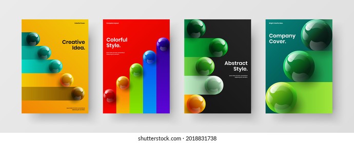 Minimalistic journal cover A4 design vector illustration set. Modern 3D spheres company identity layout collection.