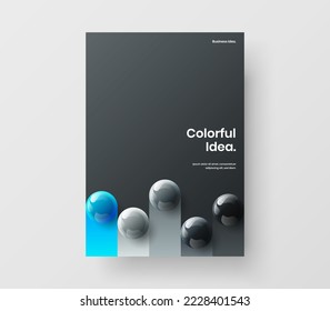 Minimalistic journal cover A4 design vector illustration. Colorful 3D spheres brochure concept.