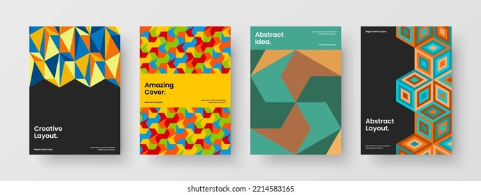 Minimalistic journal cover A4 vector design concept composition. Unique mosaic hexagons flyer template set.