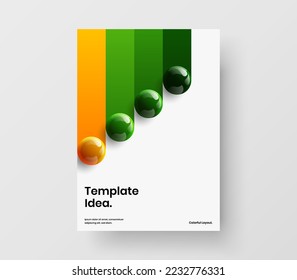 Minimalistic journal cover A4 vector design layout. Vivid 3D spheres annual report illustration.