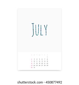 Minimalistic July 2017 calendar vector mockup. Shiny green blue glitter title. Week starts from Sunday.