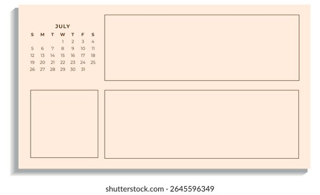 Minimalistic July 2026 Calendar with Notes. Vector Monthly Planner
