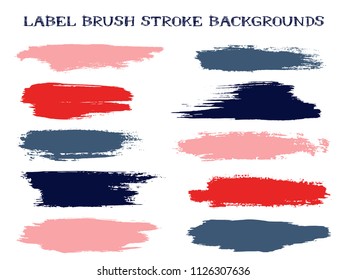 Minimalistic label brush stroke backgrounds, paint or ink smudges vector for tags and stamps design. Painted label backgrounds patch. Interior colors scheme samples. Ink smudges, red blue stains.