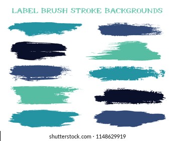 Minimalistic label brush stroke backgrounds, paint or ink smudges vector for tags and stamps design. Painted label backgrounds patch. Vector ink traces, color combinations. Ink blue teal splashes.