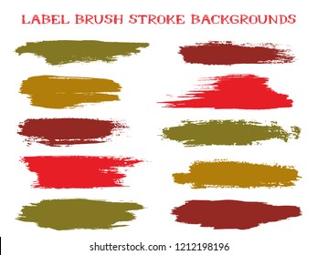 Minimalistic label brush stroke backgrounds, paint or ink smudges vector for tags and stamps design. Painted label backgrounds patch. Interior colors scheme elements. Ink smudges, stains, red spots.