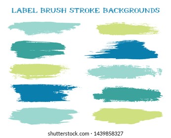 Minimalistic label brush stroke backgrounds, paint or ink smudges vector for tags and stamps design. Painted label backgrounds patch. Interior colors guide book samples. Ink blue sea green smudges.
