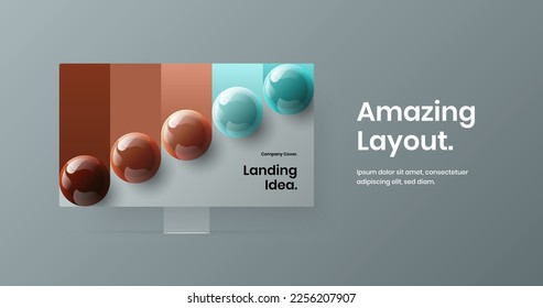 Minimalistic landing page design vector concept. Original computer monitor mockup banner illustration.