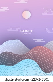 Un paisaje de fondo minimalista con montañas y colinas en los colores asiáticos de la China japonesa. Pancarta abstracta de estilo oriental con textura acuarela para la decoración, impresión, papel pintado y afiche