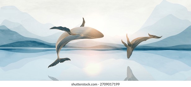 Fundo de arte paisagem minimalista com montanhas e oceano com baleias em tons frescos com textura aquarela. Um banner natural para decoração, impressões, papel de parede, embalagem e interiores.
