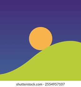 Minimalistic Landscape with Bright Orange Sun and Green Hill Illustration